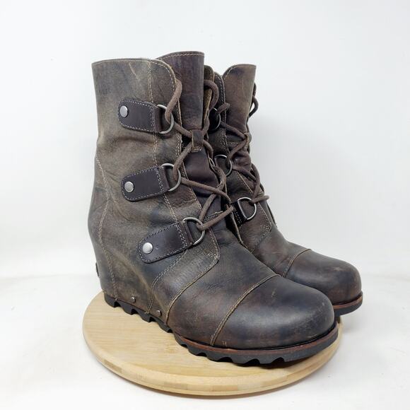 Sorel Joan of Arctic Boots Womens 9 Brown Leather Chunky Lug Hidden Wedge Shoes - Picture 1 of 13
